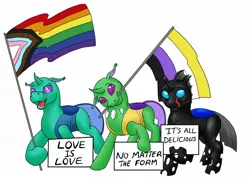 Size: 1146x826 | Tagged: safe, artist:termyotter, derpibooru import, kevin (changeling), changedling, changeling, image, jpeg, mouth hold, pride flag, simple background, white background