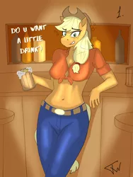 Size: 3000x3984 | Tagged: suggestive, artist:twilyshimmer, derpibooru import, applejack, anthro, earth pony, pony, apple cider, applejack's hat, bar, clothes, comic, cowboy hat, hat, high res, image, jeans, pants, png, sexy, solo