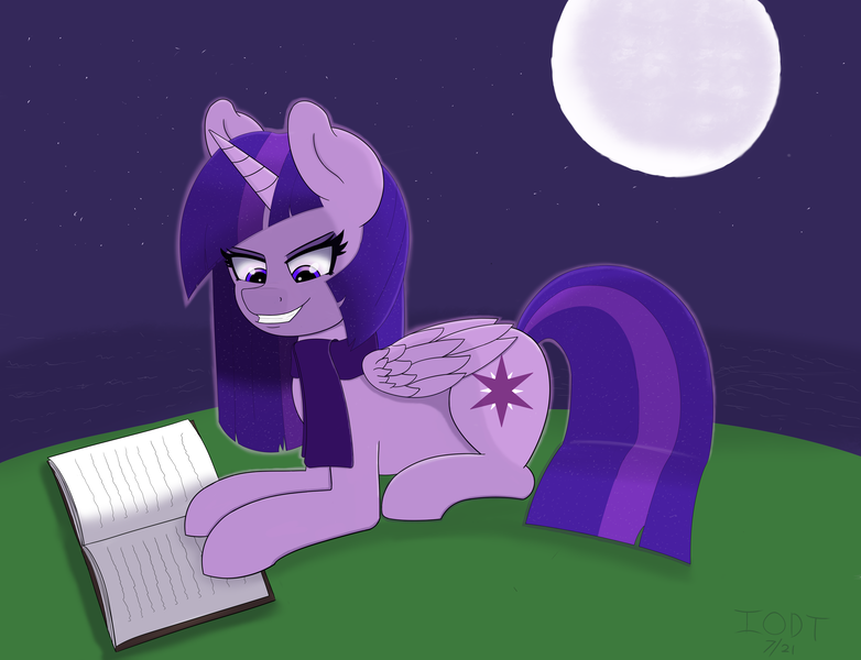 Size: 5715x4383 | Tagged: safe, artist:ionlydrawtwi, derpibooru import, twilight sparkle, twilight sparkle (alicorn), alicorn, pony, descended twilight, backlighting, book, clothes, derpibooru exclusive, ethereal mane, female, grin, hill, image, lying down, mare, moon, night, night sky, png, prone, reading, scarf, simple background, sky, smiling, solo, starry mane, starry tail, stars