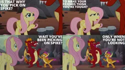 Size: 1280x720 | Tagged: safe, derpibooru import, edit, edited screencap, editor:quoterific, screencap, fluttershy, garble, smolder, dragon, pegasus, pony, season 9, sweet and smoky, spoiler:s09, duo, female, image, implied spike, jpeg, male, mare, open mouth, pointing, trio