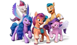 Size: 1021x594 | Tagged: safe, derpibooru import, hitch trailblazer, izzy moonbow, pipp petals, sunny starscout, zipp storm, my little pony: a new generation, spoiler:my little pony: a new generation, g5, image, looking at each other, png, simple background, transparent background