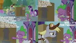 Size: 1280x720 | Tagged: safe, derpibooru import, edit, edited screencap, editor:quoterific, screencap, derpy hooves, spike, twilight sparkle, twilight sparkle (alicorn), alicorn, dragon, pegasus, pony, season 9, the point of no return, spoiler:s09, box, eyes closed, female, hat, image, jpeg, mailmare, mailmare hat, mailmare uniform, male, mare, open mouth, school of friendship, smiling, winged spike