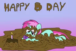 Size: 1800x1200 | Tagged: safe, artist:amateur-draw, derpibooru import, oc, oc:belle boue, pony, unicorn, birthday, birthday cake, cake, candle, food, happy birthday, image, lying down, male, mud, mud bath, mud pie, mud play, muddy, party horn, png, solo, stallion, wet and messy