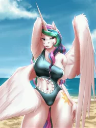 Size: 4500x6000 | Tagged: suggestive, alternate version, artist:mykegreywolf, derpibooru import, princess celestia, alicorn, anthro, pony, arm behind head, beach, breasts, busty princess celestia, clothes, ear fluff, eyebrows, eyebrows visible through hair, eyelashes, female, hand on hip, image, jpeg, lidded eyes, looking at you, mare, one-piece swimsuit, outdoors, pose, praise the sun, shoulder fluff, smiling, solo, solo female, swimsuit, underass, wings