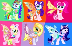 Size: 1436x916 | Tagged: safe, artist:mlplary6, derpibooru import, applejack, fluttershy, pinkie pie, rainbow dash, rarity, twilight sparkle, twilight sparkle (alicorn), alicorn, earth pony, fairy, pegasus, unicorn, aisha, alternate hairstyle, barely pony related, bloom (winx club), blue wings, clothes, crossover, crown, enchantix, fairy wings, fairyized, flora (winx club), gloves, green wings, image, jewelry, layla, long gloves, long hair, mane six, musa, orange wings, pigtails, pink wings, png, purple wings, regalia, sparkly wings, stella (winx club), tecna, wings, winx, winx club, winxified, yellow wings