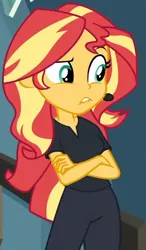 Size: 420x718 | Tagged: safe, derpibooru import, screencap, sunset shimmer, all the world's off stage, equestria girls, equestria girls series, cropped, image, png, solo