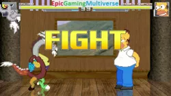 Size: 1280x720 | Tagged: safe, derpibooru import, discord, draconequus, human, 8-bit, hands behind back, hands on hip, health bars, homer simpson, human male, image, jpeg, male, signature, text, the simpsons, versus, versus screen, video game, video game crossover, youtube link