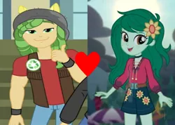 Size: 1238x882 | Tagged: safe, derpibooru import, edit, screencap, sandalwood, wallflower blush, equestria girls, equestria girls series, friendship games, let it rain, spoiler:eqg series (season 2), cropped, female, heart, image, male, music festival outfit, open mouth, open smile, png, pony ears, sandalflower, shipping, shipping domino, smiling, straight, thumbs up