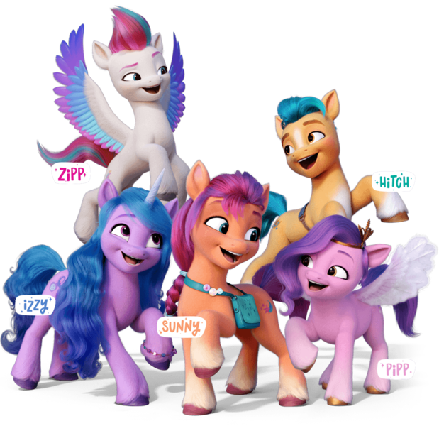 Size: 1136x1102 | Tagged: safe, derpibooru import, official, hitch trailblazer, izzy moonbow, pipp petals, sunny starscout, zipp storm, earth pony, pegasus, pony, unicorn, female, g5, image, male, mane five (g5), mare, png, simple background, stallion, text, transparent background