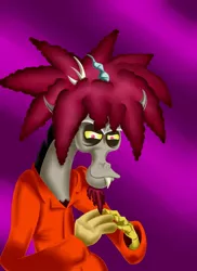 Size: 762x1048 | Tagged: safe, artist:gizmo01, derpibooru import, discord, draconequus, alternate hairstyle, antlers, clothes, devious smile, fangs, image, jpeg, male, prison outfit, purple background, sideshow bob, simple background, spiky hair, the simpsons