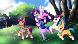 Size: 8000x4500 | Tagged: safe, artist:faline-art, derpibooru import, hitch trailblazer, izzy moonbow, pipp petals, sunny starscout, zipp storm, earth pony, pegasus, pony, unicorn, absurd file size, absurd resolution, ball, g5, image, mane five (g5), open mouth, png, tennis ball, tree