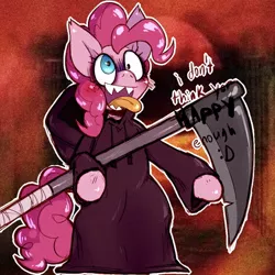 Size: 740x740 | Tagged: safe, artist:mclovin, derpibooru import, pinkie pie, anthro, earth pony, pony, blushing, grim reaper, image, jpeg, scythe, solo, tongue out