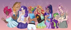 Size: 2548x1076 | Tagged: safe, artist:bunnari, derpibooru import, angel bunny, applejack, fluttershy, pinkie pie, rainbow dash, rarity, sci-twi, spike, sunset shimmer, twilight sparkle, human, rabbit, equestria girls, alternate hairstyle, animal, applejack's hat, bracelet, clothes, cowboy hat, dark skin, dress, eyeshadow, female, fingerless gloves, freckles, glasses, gloves, hat, hoodie, humane five, humane seven, humane six, humanized, image, jacket, jewelry, leather jacket, lipstick, looking at each other, makeup, male, mane six, midriff, nail polish, necklace, open mouth, pants, png, shirt, skirt, sweater, sweatpants, t-shirt, tanktop