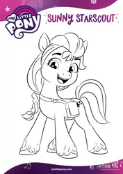 Size: 1654x2339 | Tagged: safe, derpibooru import, official, sunny starscout, earth pony, pony, black and white, coloring page, female, g5, grayscale, image, monochrome, open mouth, png, smiling, solo, text