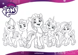 Size: 2339x1654 | Tagged: safe, derpibooru import, official, hitch trailblazer, izzy moonbow, pipp petals, sunny starscout, zipp storm, earth pony, pony, unicorn, black and white, coloring page, female, g5, grayscale, grin, image, looking at you, male, mane five (g5), monochrome, open mouth, png, smiling, text