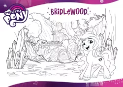 Size: 2339x1654 | Tagged: safe, derpibooru import, official, izzy moonbow, pony, unicorn, black and white, bridlewood forest, coloring page, crystal, female, forest, g5, grayscale, image, monochrome, open mouth, png, smiling, solo, text, tree