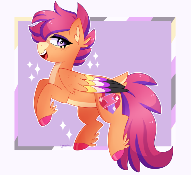 Size: 2668x2436 | Tagged: safe, artist:emera33, derpibooru import, scootaloo, pegasus, pony, cloven hooves, colored wings, cutie mark, eyelashes, high res, image, lidded eyes, multicolored mane, multicolored wings, nonbinary, nonbinary pride flag, open mouth, png, pride, pride flag, solo, white border, wings