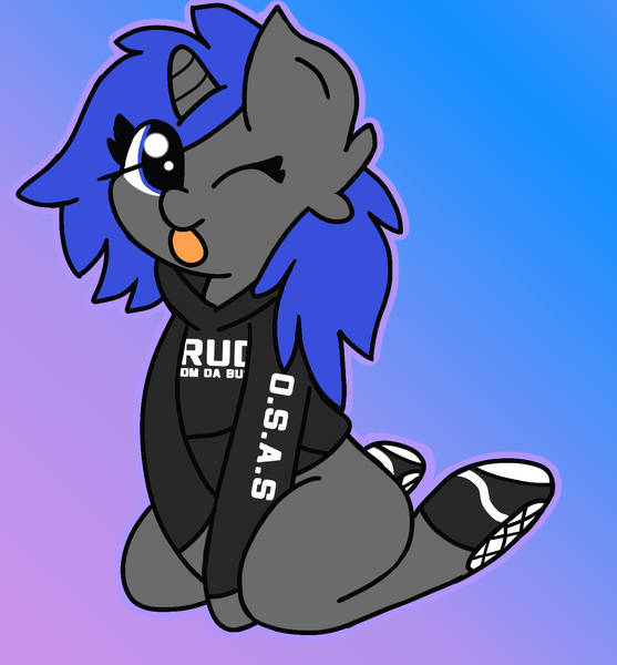 Size: 1280x1380 | Tagged: safe, artist:two2sleepy, derpibooru import, oc, oc:dream vezpyre, oc:dream², unofficial characters only, unicorn, :p, alternate hairstyle, clothes, hoodie, image, kneeling, png, solo, tongue out