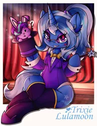 Size: 2695x3500 | Tagged: safe, artist:canvymamamoo, derpibooru import, starlight glimmer, trixie, anthro, pony, rabbit, unicorn, alternate hairstyle, animal, belly button, bowtie, breasts, bunnified, clothes, eyeshadow, female, floppy ears, frog (hoof), glasses, grin, hat, holding, hoof shoes, image, implied transformation, jpeg, looking at you, magic wand, magician outfit, makeup, mare, open mouth, ponytail, question mark, sitting, smiling, socks, species swap, stockings, suit, thigh highs, top hat, underhoof