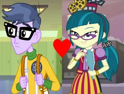 Size: 1206x910 | Tagged: safe, derpibooru import, edit, edited screencap, screencap, juniper montage, microchips, equestria girls, equestria girls (movie), mirror magic, spoiler:eqg specials, backpack, crack shipping, cropped, female, glasses, heart, image, male, microjuniper, mirror, png, shipping, shipping domino, straight