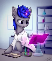 Size: 2329x2725 | Tagged: safe, artist:colourwave, derpibooru import, oc, oc:changing flask, unofficial characters only, pony, unicorn, book, chemistry, clothes, commission, ear fluff, frown, glowing horn, horn, image, lab, lab coat, levitation, magic, male, png, scientist, shelf, solo, telekinesis, unicorn oc