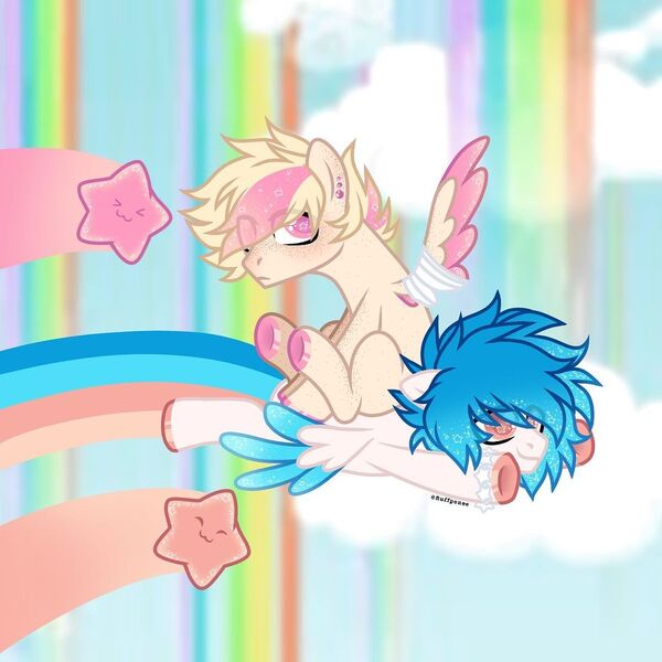 Size: 1080x1080 | Tagged: safe, artist:fluffponee, derpibooru import, oc, unofficial characters only, pegasus, pony, bandage, cloud, duo, ear piercing, ethereal mane, eye clipping through hair, hoof polish, image, jpeg, male, pegasus oc, piercing, ponies riding ponies, rainbow, riding, sitting, smiling, stallion, starry eyes, starry mane, two toned wings, underhoof, unshorn fetlocks, wingding eyes, wings