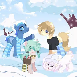 Size: 1080x1080 | Tagged: safe, artist:fluffponee, derpibooru import, oc, unofficial characters only, earth pony, pony, :p, bag, beanie, clothes, colored hooves, earth pony oc, eye clipping through hair, face down ass up, female, hat, image, jpeg, male, mare, outdoors, saddle bag, scarf, smiling, snow, socks, stallion, striped socks, tongue out, tree, two toned wings, underhoof, wings