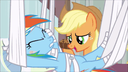 Size: 800x450 | Tagged: safe, derpibooru import, screencap, applejack, rainbow dash, earth pony, pegasus, pony, rainbow falls, season 4, absurd file size, absurd gif size, animated, apple brown betty (food), applejack's hat, bandage, bandaid, cowboy hat, crumbs, duo, duo female, eating, feeding, female, food, freckles, gif, hat, hoof in mouth, hoofjack, hospital, image, looking at each other, mare, open mouth, puffy cheeks, smiling, smiling at each other, talking with your mouth full
