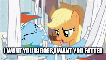 Size: 360x202 | Tagged: safe, derpibooru import, edit, edited screencap, screencap, applejack, rainbow dash, earth pony, pegasus, pony, rainbow falls, season 4, animated, apple brown betty (food), applejack's hat, bandage, bandaid, cowboy hat, crumbs, duo, duo female, family guy, feeding, female, food, freckles, gif, hat, hoof in mouth, hoofjack, hospital, image, mare, open mouth, talking with your mouth full, text