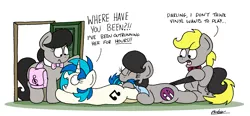 Size: 3414x1590 | Tagged: safe, artist:bobthedalek, derpibooru import, octavia melody, vinyl scratch, oc, oc:mixed melody, oc:octavia's father, oc:octavia's mother, oc:ostinato melody, earth pony, pony, unicorn, atg 2021, bag, biting, booties, door, female, image, male, mare, mothers gonna mother, newbie artist training grounds, nom, png, prehensile tail, saddle bag, stallion, tail bite, tail hold, this will end in intensive mothering