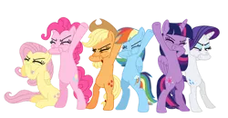 Size: 1280x667 | Tagged: safe, artist:lsalusky, derpibooru import, applejack, fluttershy, pinkie pie, rainbow dash, rarity, twilight sparkle, twilight sparkle (alicorn), alicorn, earth pony, pegasus, pony, unicorn, applejack's hat, beat boxing, beatboxing, bipedal, cowboy hat, cutie mark, eyes closed, feathered wings, female, folded wings, front view, group, hair, hat, hooves, horn, image, mane six, mare, png, raised hoof, raised leg, simple background, sitting, standing, tail, three quarter view, transparent background, wings