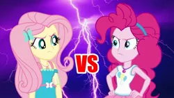 Size: 1280x720 | Tagged: safe, derpibooru import, fluttershy, pinkie pie, a little birdie told me, equestria girls, equestria girls series, rollercoaster of friendship, angry, duel, geode of fauna, geode of sugar bombs, image, jpeg, magical geodes, pinkie pie is not amused, unamused, vs