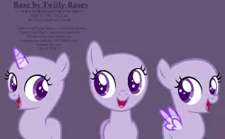 Size: 1249x773 | Tagged: safe, artist:shiibases, derpibooru import, oc, unofficial characters only, earth pony, pegasus, pony, unicorn, bald, base, earth pony oc, eyelashes, female, filly, horn, image, open mouth, pegasus oc, png, purple background, simple background, smiling, unicorn oc, wings