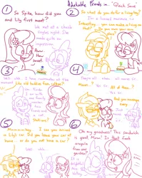 Size: 4779x6013 | Tagged: safe, artist:adorkabletwilightandfriends, derpibooru import, lily, lily valley, spike, oc, oc:arum valley, oc:forest valley, comic:adorkable twilight and friends, adorkable, adorkable friends, broken, comic, cute, dad, dating, dork, family, food, image, love, lunch, mom, nervous, parent, png, relationship, relationships, sandwich, slice of life