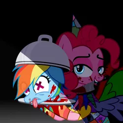 Size: 2000x2000 | Tagged: grimdark, alternate version, artist:idkhesoff, artist:syriskater, derpibooru import, pinkie pie, rainbow dash, earth pony, pegasus, pony, fanfic:cupcakes, abuse, base used, bedroom eyes, black background, blood, clothes, cutie mark dress, dashabuse, dead, death, decapitated, decapitation, dress, duo, female, grin, hat, horn, image, implied cannibalism, jewelry, kitchen knife, knife, mare, mouth hold, necklace, nosebleed, party hat, png, rainbow socks, raised hoof, serving tray, simple background, smiling, snuff, socks, striped socks, tongue out, tray, wings, x eyes