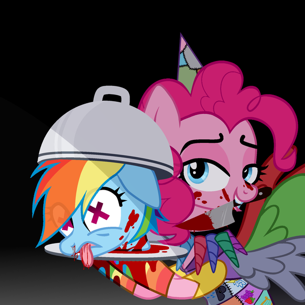 Size: 2000x2000 | Tagged: grimdark, alternate version, artist:idkhesoff, artist:syriskater, derpibooru import, pinkie pie, rainbow dash, earth pony, pegasus, pony, fanfic:cupcakes, abuse, base used, bedroom eyes, black background, blood, clothes, cutie mark dress, dashabuse, dead, death, decapitated, decapitation, derpibooru exclusive, dress, duo, female, grin, hat, horn, image, implied cannibalism, jewelry, kitchen knife, knife, mare, mouth hold, necklace, nosebleed, party hat, png, rainbow socks, raised hoof, serving tray, simple background, smiling, snuff, socks, striped socks, tongue out, tray, wings, x eyes