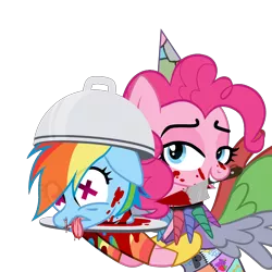 Size: 2000x2000 | Tagged: grimdark, alternate version, artist:idkhesoff, artist:syriskater, derpibooru import, pinkie pie, rainbow dash, earth pony, pegasus, pony, fanfic:cupcakes, abuse, base used, bedroom eyes, blood, clothes, cutie mark dress, dashabuse, dead, death, decapitated, decapitation, derpibooru exclusive, dress, duo, female, grin, hat, horn, image, implied cannibalism, jewelry, kitchen knife, knife, mare, mouth hold, necklace, nosebleed, party hat, png, rainbow socks, raised hoof, serving tray, simple background, smiling, snuff, socks, striped socks, tongue out, transparent background, tray, wings, x eyes