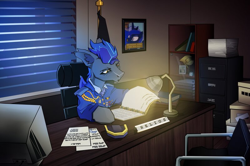 Size: 3000x2000 | Tagged: safe, artist:imadeus, derpibooru import, princess luna, oc, bat pony, pony, bat pony oc, bat wings, chair, clothes, computer, desk, desk lamp, ear fluff, flag, folded wings, high res, image, indoors, jpeg, male, military uniform, office, paperwork, solo, stallion, uniform, wings