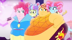 Size: 2560x1440 | Tagged: suggestive, artist:neongothic, derpibooru import, edit, edited screencap, screencap, kiwi lollipop, pinkie pie, sunset shimmer, supernova zap, equestria girls, equestria girls series, sunset's backstage pass!, spoiler:eqg series (season 2), bbw, belly, big belly, bingo wings, breasts, busty pinkie pie, busty sunset shimmer, butt, chubby cheeks, cleavage, double chin, fat, fat ass, fat boobs, fat fetish, female, fetish, huge belly, image, impossibly large belly, k-lo, large butt, morbidly obese, obese, piggie pie, png, postcrush, slobset shimmer, smiling, ssbbw, su-z, weight gain