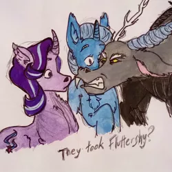 Size: 1080x1080 | Tagged: safe, derpibooru import, discord, starlight glimmer, trixie, draconequus, pony, to where and back again, angry, clenched teeth, drawing, image, implied fluttershy, jpeg, question, scene interpretation, traditional art, trio