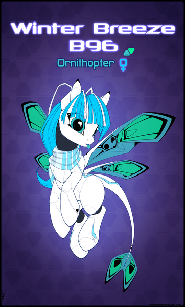 Size: 3770x6253 | Tagged: safe, alternate version, artist:xn-d, derpibooru import, oc, oc:winter breeze, unofficial characters only, original species, pony, ponymorph, robot, robot pony, :p, abstract background, absurd resolution, butterfly wings, clothes, female, flying, image, png, reference sheet, scarf, solo, solo female, text, tongue out, wings