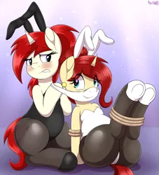 Size: 3140x3456 | Tagged: suggestive, artist:an-tonio, derpibooru import, oc, oc:golden brooch, oc:silver draw, unofficial characters only, pony, unicorn, blushing, bondage, bunny ears, bunny suit, butt, clothes, embarrassed, female, gagging, image, mother and child, mother and daughter, plot, png, rope, rope bondage