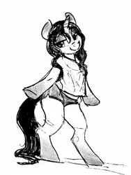 Size: 1536x2048 | Tagged: safe, artist:dimfann, derpibooru import, oc, unofficial characters only, pony, unicorn, bipedal, clothes, image, jpeg, lidded eyes, looking at you, shirt, shorts, sketch, smiling, solo