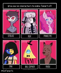 Size: 858x1024 | Tagged: safe, artist:griphy666, derpibooru import, pinkie pie, anthro, earth pony, pony, six fanarts, :d, anthro with ponies, bill cipher, bowtie, bust, crossover, ena, female, gravity falls, hat, hazbin hotel, image, jpeg, male, mare, open mouth, radu, smiling, stolas, top hat