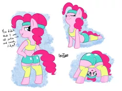 Size: 4098x3072 | Tagged: suggestive, artist:datzigga, derpibooru import, pinkie pie, earth pony, pony, bipedal, butt, clothes, cute, diapinkes, downward dog, headband, image, leggings, plot, png, shorts, solo, stretching, talking to viewer, tanktop, workout, yoga