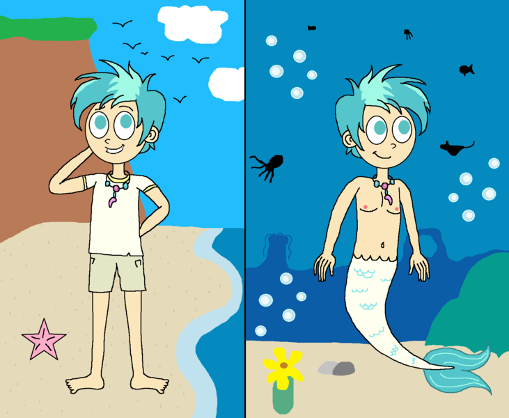 Size: 1656x1360 | Tagged: safe, artist:ocean lover, derpibooru import, terramar, bird, fish, human, mermaid, merman, octopus, starfish, belly button, bubble, chest, clothes, fins, fish tail, flower, hill, humanized, image, jewelry, male, necklace, ocean, pearl necklace, png, rock, sand, seaweed, shirt, shorts, stingray, t-shirt, underwater