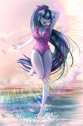 Size: 3219x4852 | Tagged: suggestive, artist:rileyav, derpibooru import, sonata dusk, equestria girls, absurd resolution, adorasexy, arm behind head, barefoot, beach, breasts, busty sonata dusk, cleavage, clothes, commission, cute, eyebrows, eyebrows visible through hair, eyelashes, feet, female, image, long hair, nail polish, ocean, one eye closed, one-piece swimsuit, open mouth, png, ponytail, running, sexy, solo, solo female, summer, swimsuit, toenail polish, water
