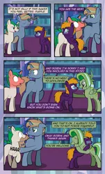 Size: 1920x3169 | Tagged: safe, artist:alexdti, derpibooru import, oc, oc:ale, oc:marco, oc:screwpine caprice, oc:umberto, pegasus, pony, unicorn, comic:quest for friendship, blushing, female, hug, image, jpeg, male, mare, stallion