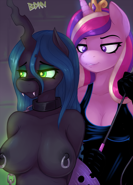 Size: 1441x2000 | Tagged: source needed, questionable, artist:drbdnv, derpibooru import, princess cadance, queen chrysalis, anthro, arm behind back, bedroom eyes, breasts, busty princess cadance, busty queen chrysalis, cadalis, clothes, collar, crown, fangs, female, glowing eyes, image, infidelity, jewelry, lesbian, nipple piercing, nipple ring, nipples, nudity, piercing, png, regalia, reversalis, shipping, smiling, smirk
