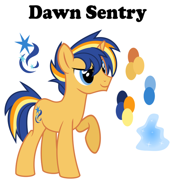 Size: 2388x2511 | Tagged: safe, artist:sunsetsparkle129, derpibooru import, oc, oc:dawn sentry, unofficial characters only, pony, unicorn, deviantart watermark, image, male, obtrusive watermark, offspring, parent:flash sentry, parent:twilight sparkle, parents:flashlight, png, reference sheet, simple background, solo, stallion, watermark, white background